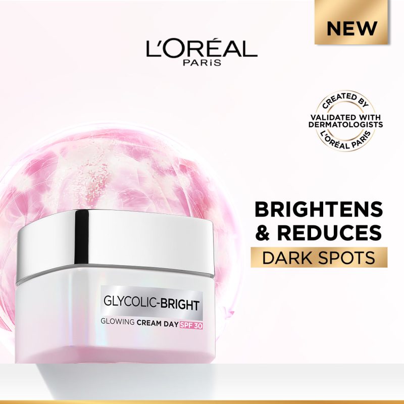 L'Oréal Paris Glycolic-Bright Glowing Day Cream, for Dark Spots Reduction, Glow Boosting and Skin Tone Evenness, SPF 30