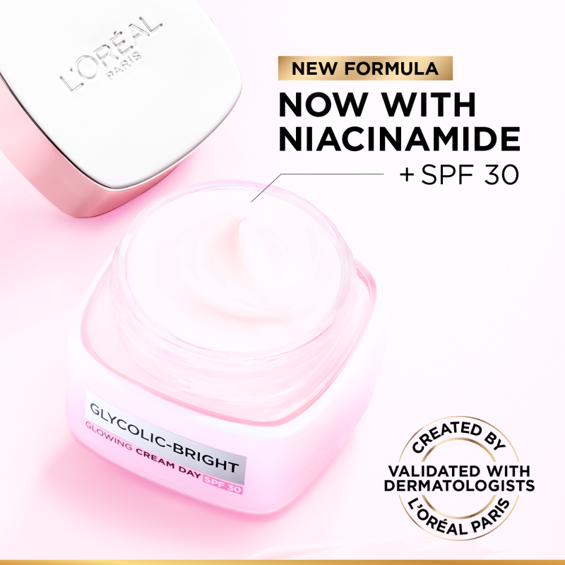 L'Oréal Paris Glycolic-Bright Glowing Day Cream, for Dark Spots Reduction, Glow Boosting and Skin Tone Evenness, SPF 30