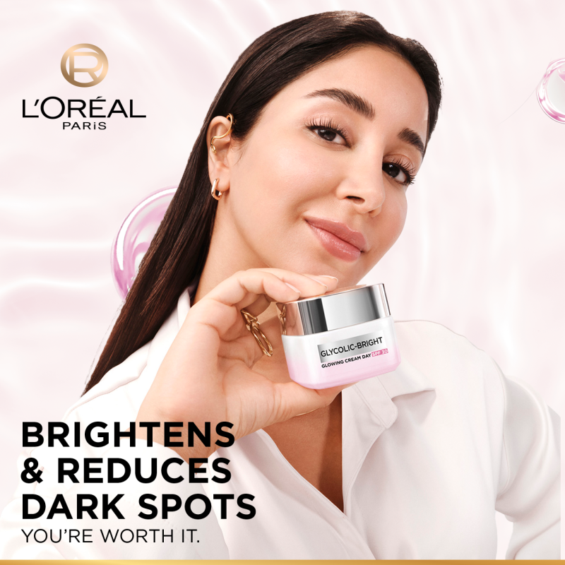 L'Oréal Paris Glycolic-Bright Glowing Day Cream, for Dark Spots Reduction, Glow Boosting and Skin Tone Evenness, SPF 30