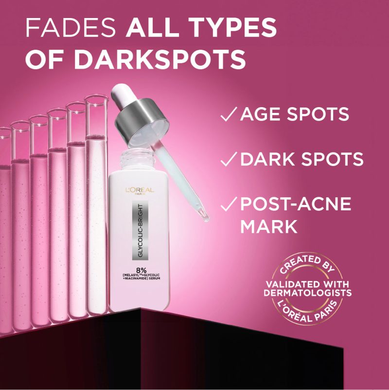 L'Oréal Paris Glycolic Bright Serum with 8% [Melasyl ™ + Glycolic Acid + Niacinamide] face serum for Dark Spots & Brightening 30 ml