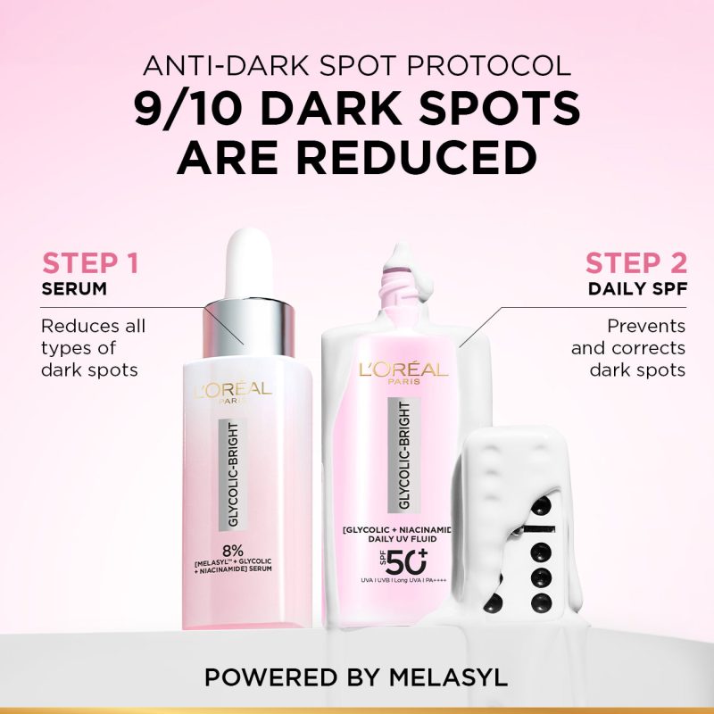 L'Oréal Paris Glycolic Bright Anti-Dark Spot Daily UV Fluid SPF 50+ with [Glycolic Acid + Niacinamide]