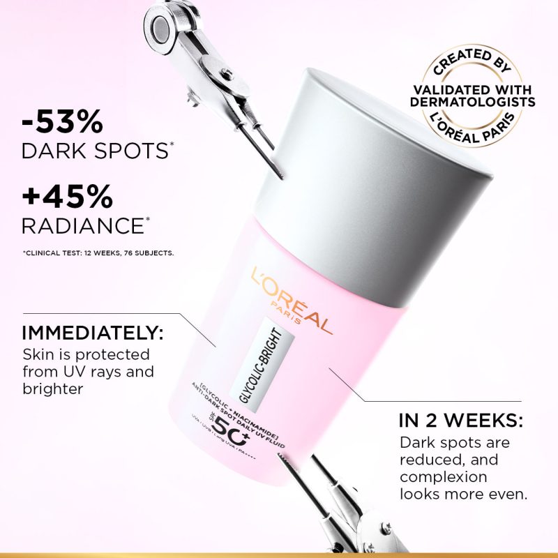 L'Oréal Paris Glycolic Bright Anti-Dark Spot Daily UV Fluid SPF 50+ with [Glycolic Acid + Niacinamide]