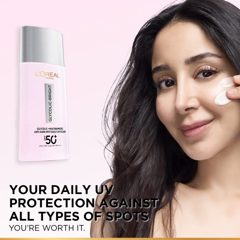 L'Oréal Paris Glycolic Bright Anti-Dark Spot Daily UV Fluid SPF 50+ with [Glycolic Acid + Niacinamide]